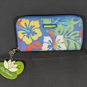 Lily Bloom Tropical Floral Zip Around Wallet Blue Hibiscus RFID Vegan NWT